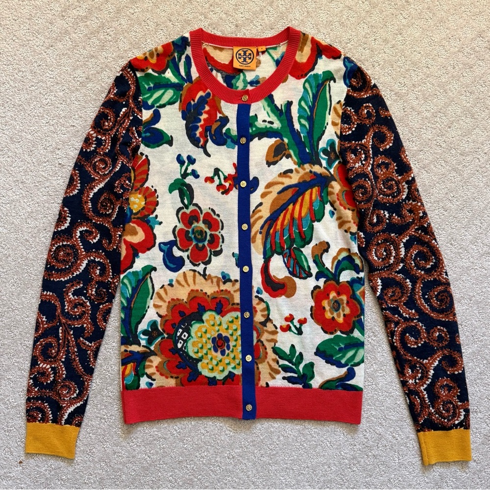 Tory Burch Merino Wool Colorful Floral Patterned Cardigan Sweater Rare Eclectic